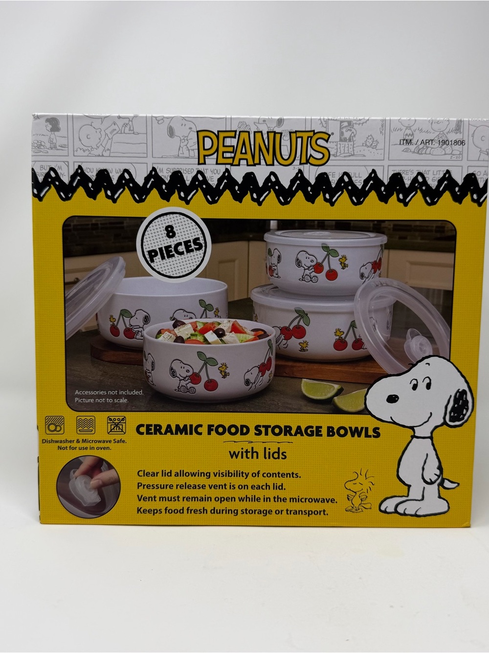 PEANUTS Snoopy Woodstock Ceramic Food Storage Bowls Vented Lids Set of 4 NWT